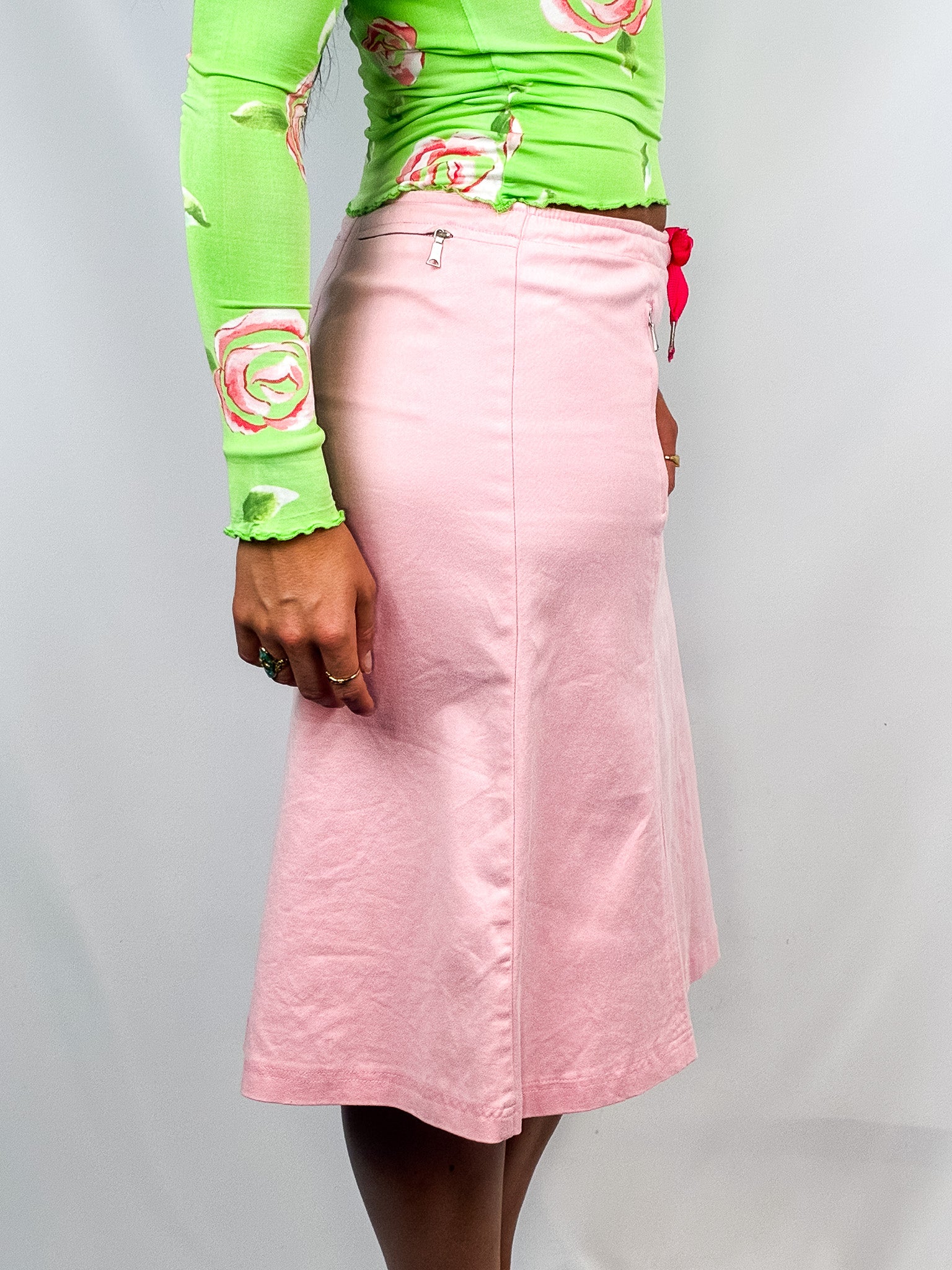 Richmond Denim 2000s Pink Zip-Pocket A-Line Midi Skirt - M