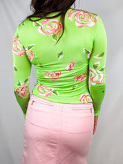 2000s Green Rose Print Mesh Long-Sleeve Top - XS/S