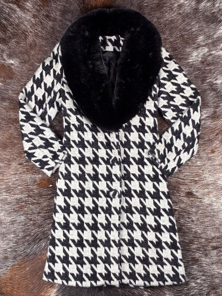 2000s Houndstooth Faux Fur Collar Wrap Coat