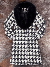 2000s Houndstooth Faux Fur Collar Wrap Coat