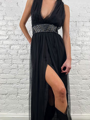 Elisabetta Franchi Black Tulle Gown with Corset Belt