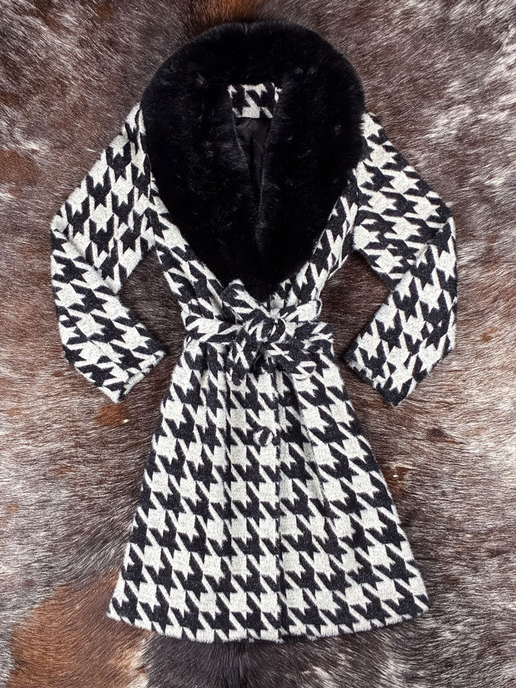 2000s Houndstooth Faux Fur Collar Wrap Coat