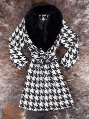 2000s Houndstooth Faux Fur Collar Wrap Coat