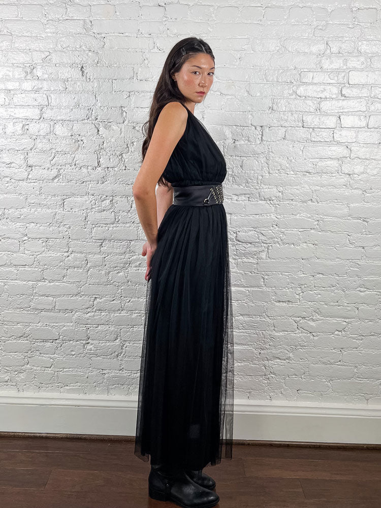 Elisabetta Franchi Black Tulle Gown with Corset Belt