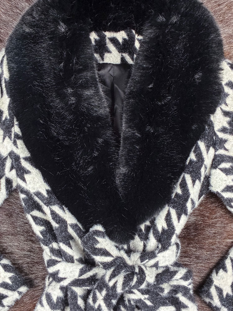 2000s Houndstooth Faux Fur Collar Wrap Coat
