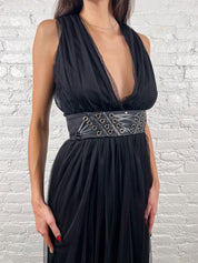 Elisabetta Franchi Black Tulle Gown with Corset Belt