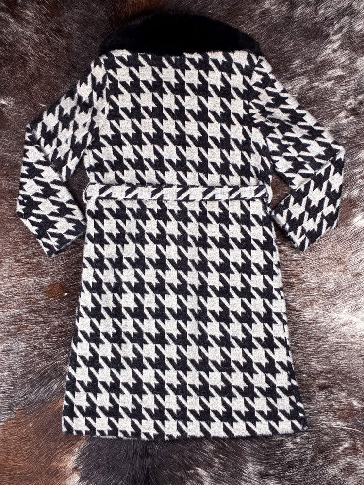2000s Houndstooth Faux Fur Collar Wrap Coat