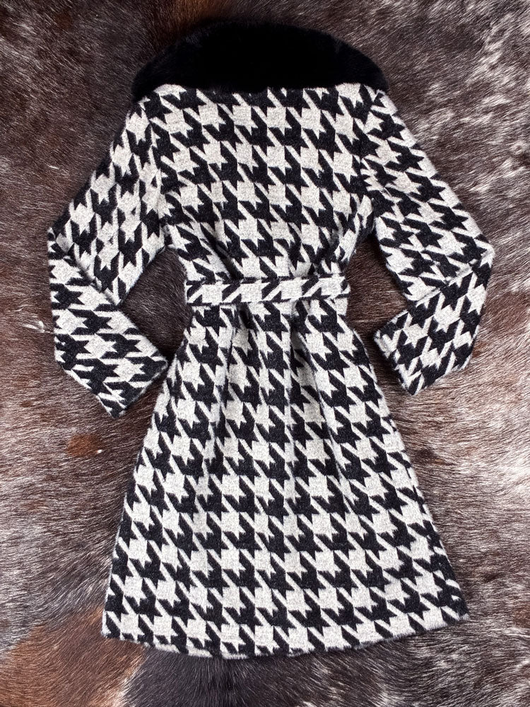 2000s Houndstooth Faux Fur Collar Wrap Coat