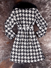 2000s Houndstooth Faux Fur Collar Wrap Coat