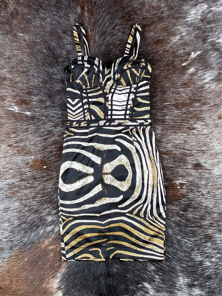 Roberto Cavalli 2000s Gold Zebra Print Bustier Mini Dress