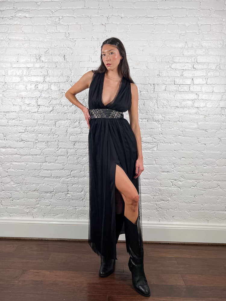 Elisabetta Franchi Black Tulle Gown with Corset Belt
