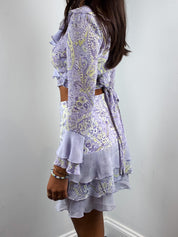 Compagnia Italiana 2000s Lilac Paisley Ruffle Wrap Top and Tiered Mini Skirt Set - XS/S