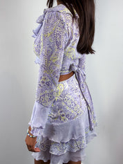 Compagnia Italiana 2000s Lilac Paisley Ruffle Wrap Top and Tiered Mini Skirt Set - XS/S