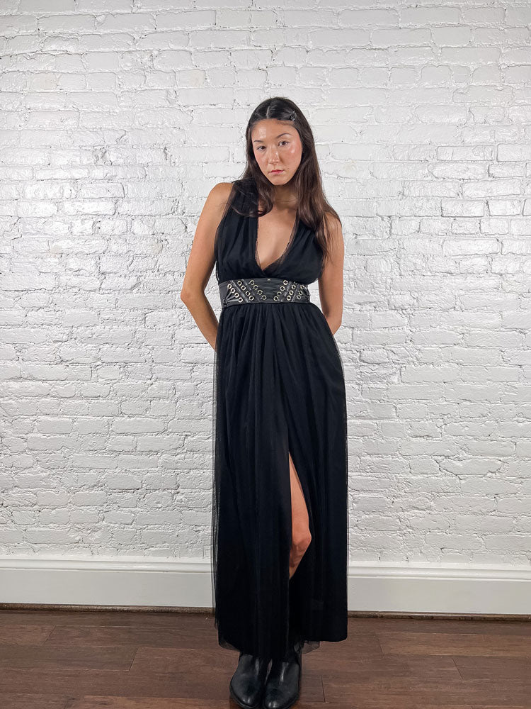 Elisabetta Franchi Black Tulle Gown with Corset Belt