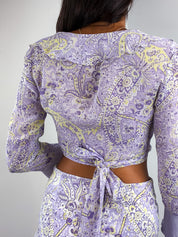 Compagnia Italiana 2000s Lilac Paisley Ruffle Wrap Top and Tiered Mini Skirt Set - XS/S