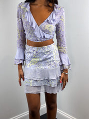 Compagnia Italiana 2000s Lilac Paisley Ruffle Wrap Top and Tiered Mini Skirt Set - XS/S
