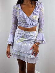 Compagnia Italiana 2000s Lilac Paisley Ruffle Wrap Top and Tiered Mini Skirt Set - XS/S