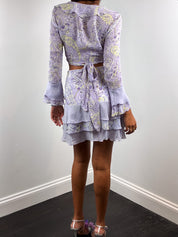 Compagnia Italiana 2000s Lilac Paisley Ruffle Wrap Top and Tiered Mini Skirt Set - XS/S