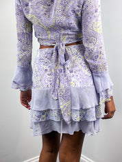 Compagnia Italiana 2000s Lilac Paisley Ruffle Wrap Top and Tiered Mini Skirt Set - XS/S