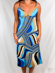 2000s Blue Abstract Swirl Print Midi Slip Dress - S/M