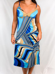 2000s Blue Abstract Swirl Print Midi Slip Dress - S/M