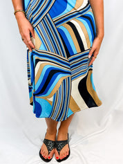 2000s Blue Abstract Swirl Print Midi Slip Dress - S/M