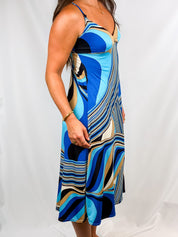 2000s Blue Abstract Swirl Print Midi Slip Dress - S/M