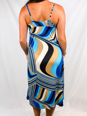2000s Blue Abstract Swirl Print Midi Slip Dress - S/M