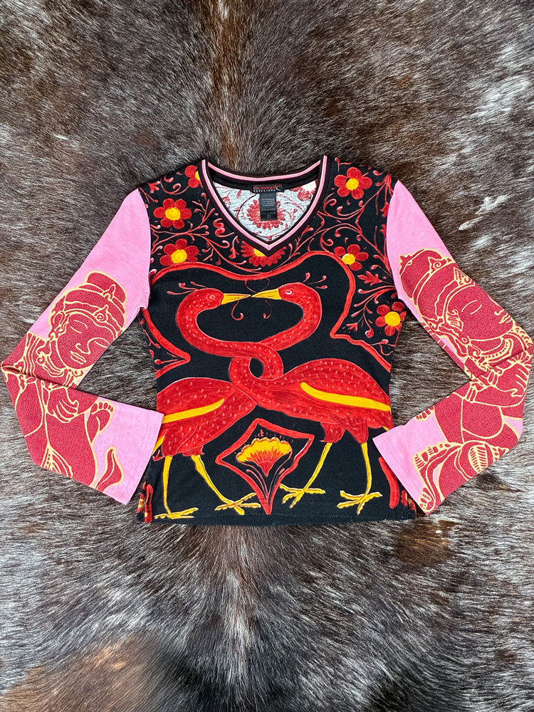 Custo Barcelona 2000s Pink and Red Mythic Birds Long Sleeve Top