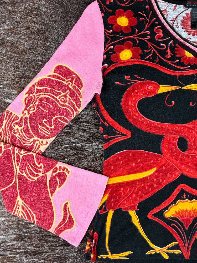 Custo Barcelona 2000s Pink and Red Mythic Birds Long Sleeve Top