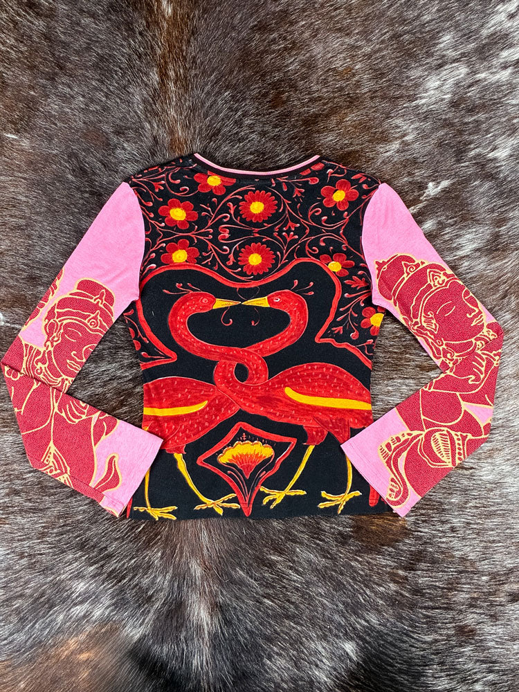 Custo Barcelona 2000s Pink and Red Mythic Birds Long Sleeve Top