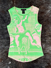 Custo Barcelona 2000s Green & Pink Cherub Print Tank Top