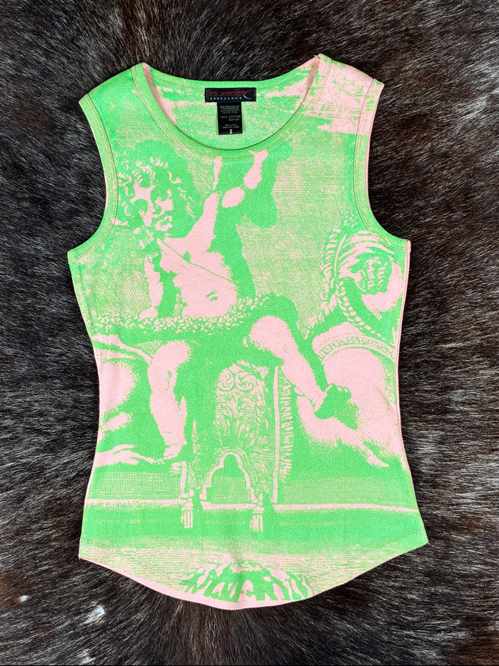 Custo Barcelona 2000s Green & Pink Cherub Print Tank Top