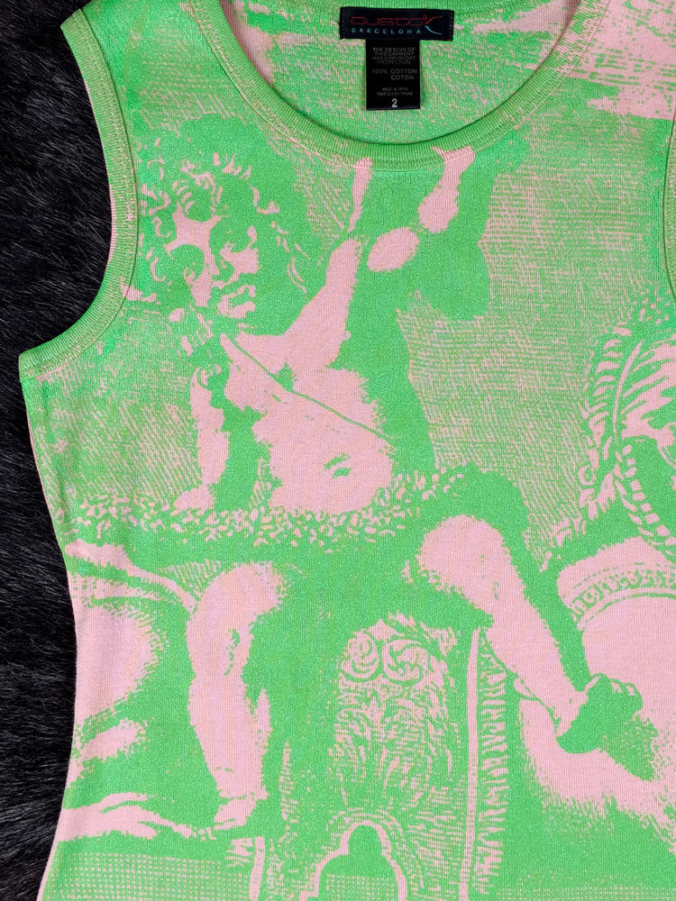 Custo Barcelona 2000s Green & Pink Cherub Print Tank Top