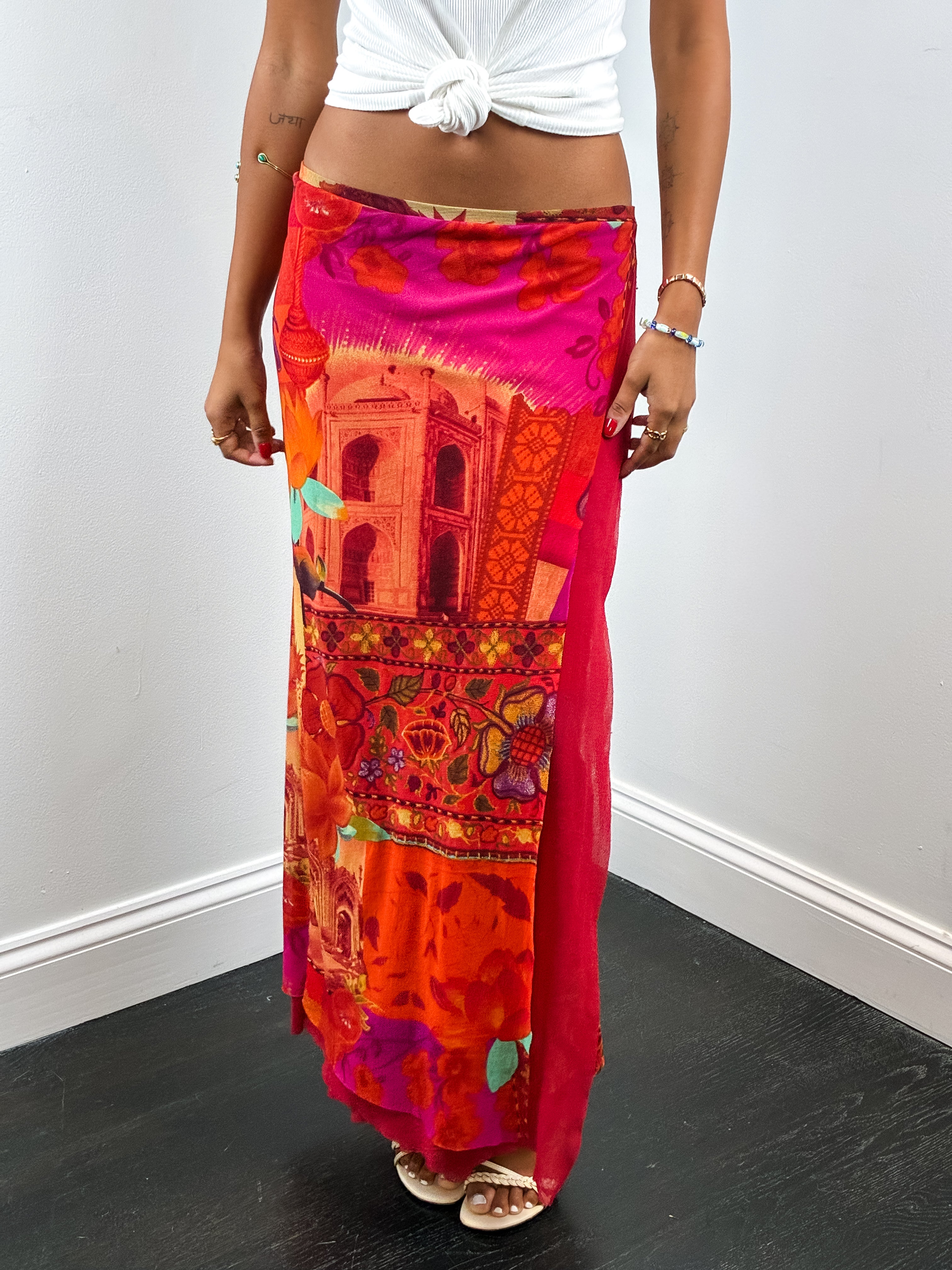 Kenzo Jeans 2000s Taj Mahal Print Sheer Mesh Maxi Skirt - M/L