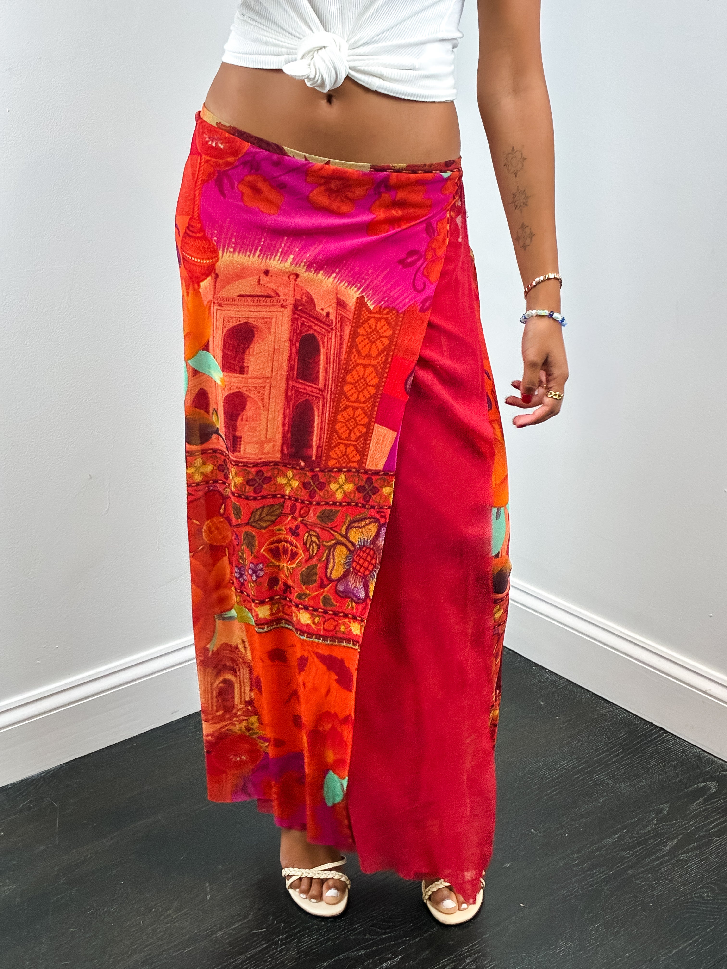 Kenzo Jeans 2000s Taj Mahal Print Sheer Mesh Maxi Skirt - M/L