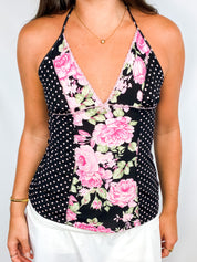 Blumarine Underwear 2000s Black Rose Print Polka Dot Halter Top - S-L