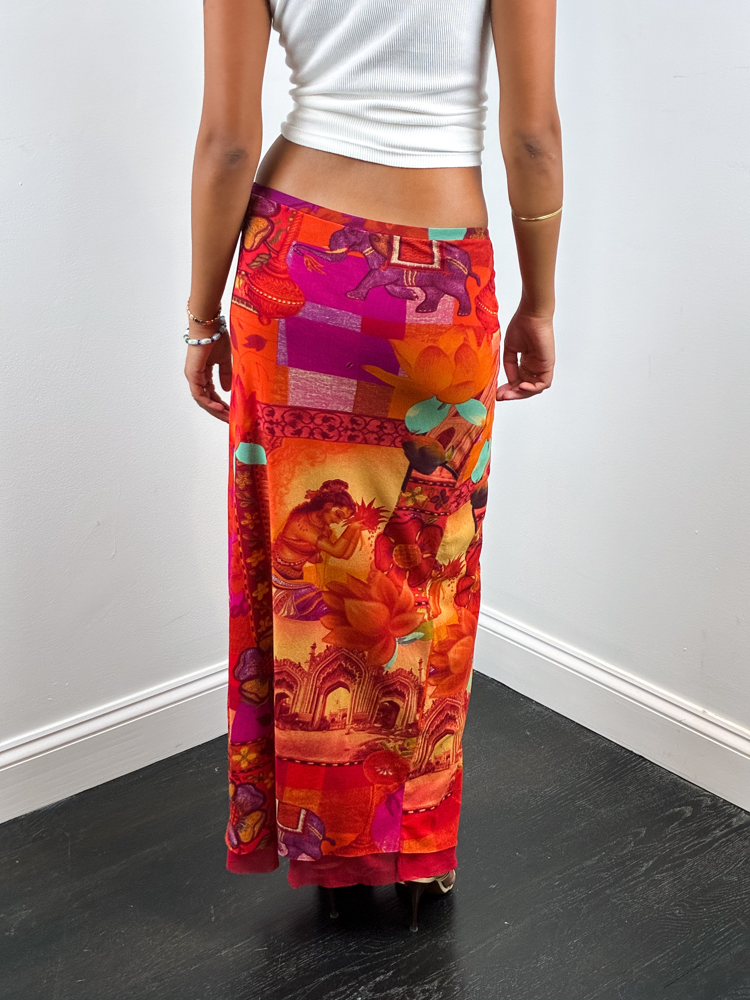 Kenzo Jeans 2000s Taj Mahal Print Sheer Mesh Maxi Skirt - M/L
