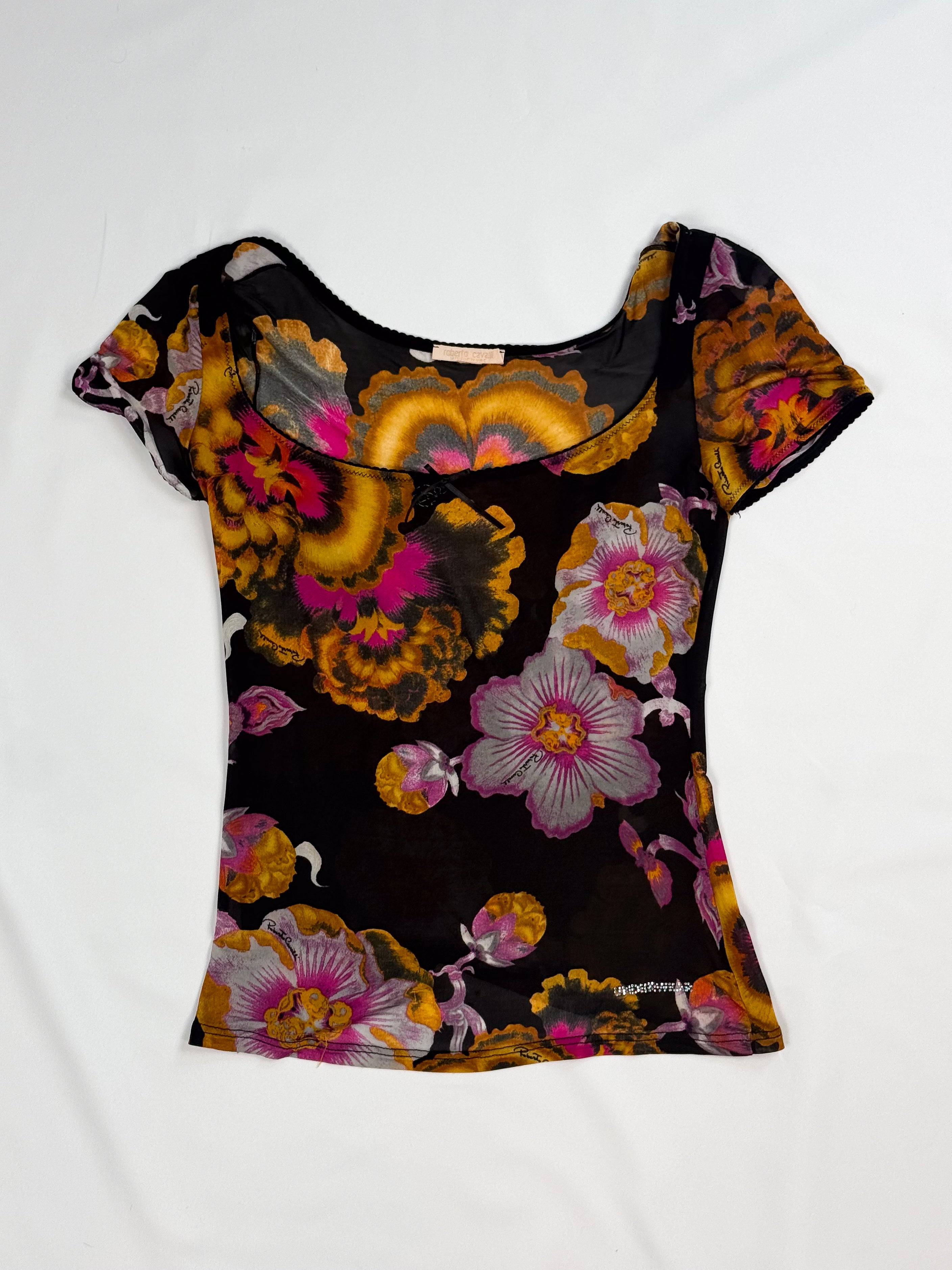 Roberto Cavalli Underwear 2000s Black Botanical Floral Mesh Top - S/M