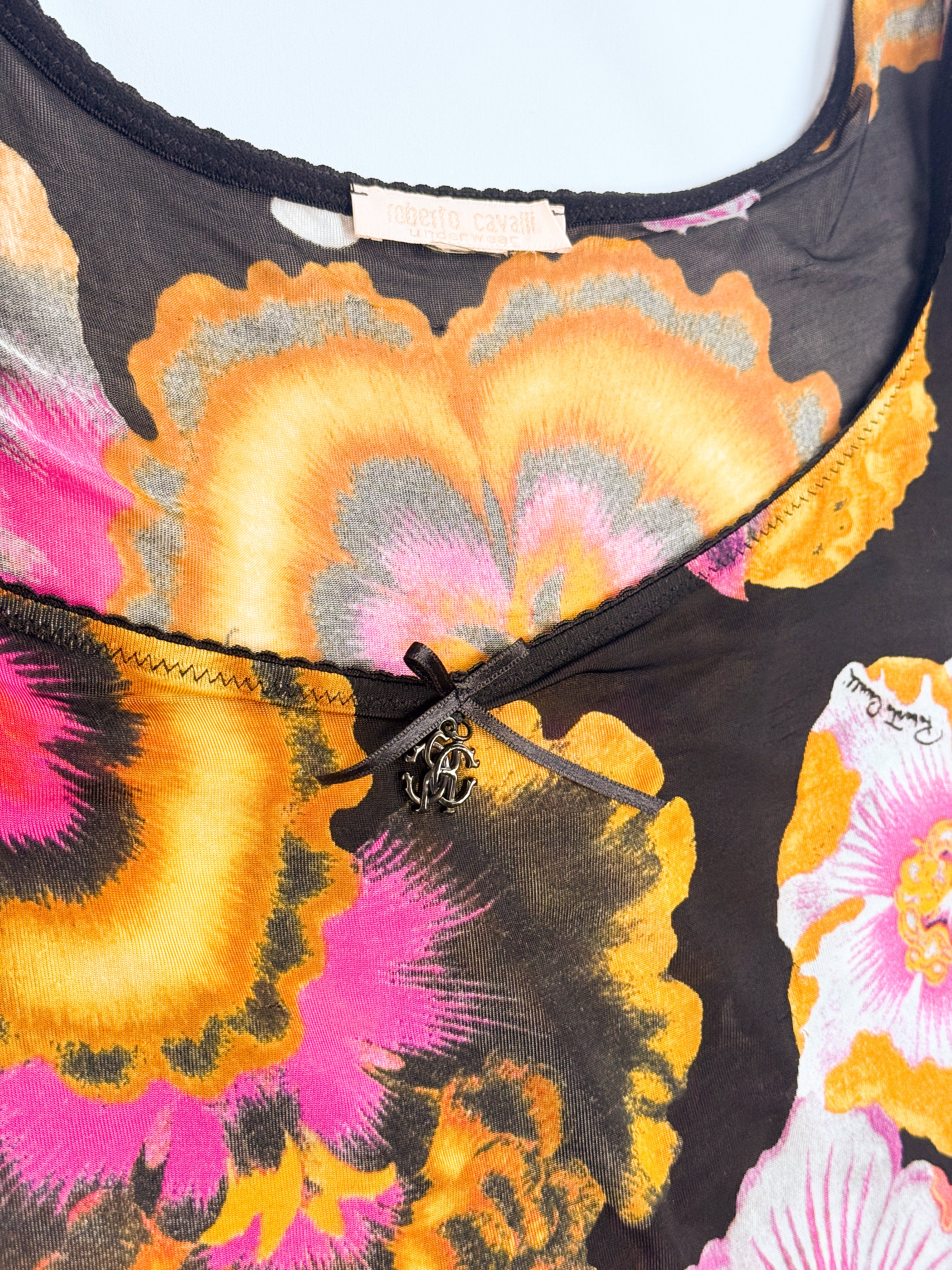 Roberto Cavalli Underwear 2000s Black Botanical Floral Mesh Top - S/M