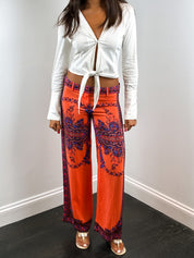 Atos Lombardini 2000s Coral Paisley Print Silk Wide Leg Pants - W28