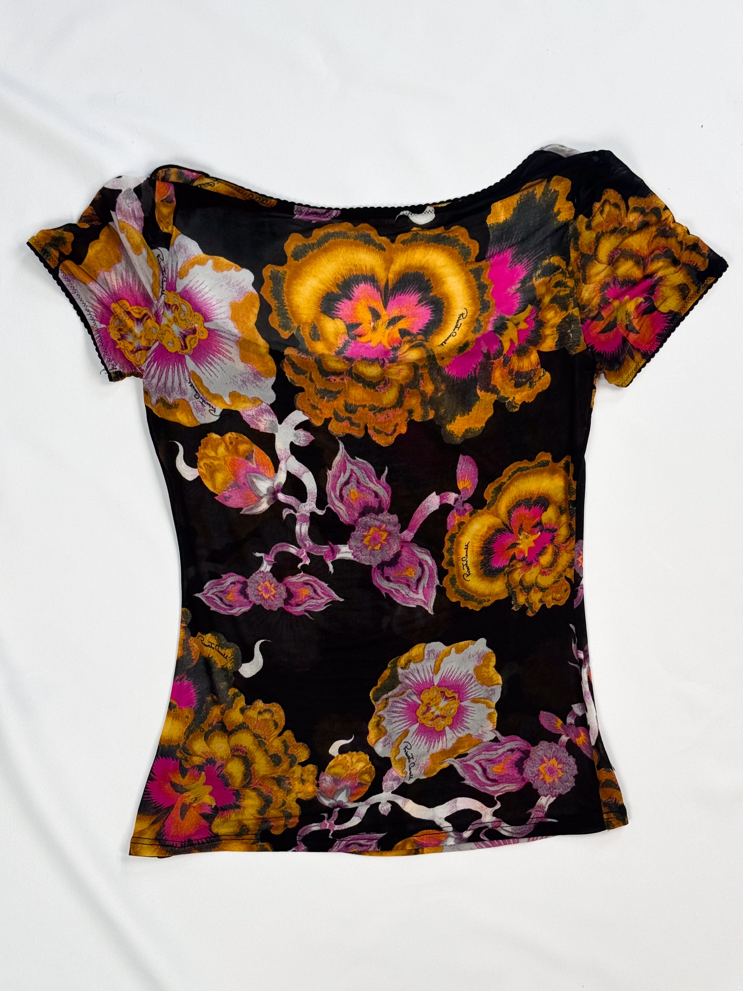 Roberto Cavalli Underwear 2000s Black Botanical Floral Mesh Top - S/M