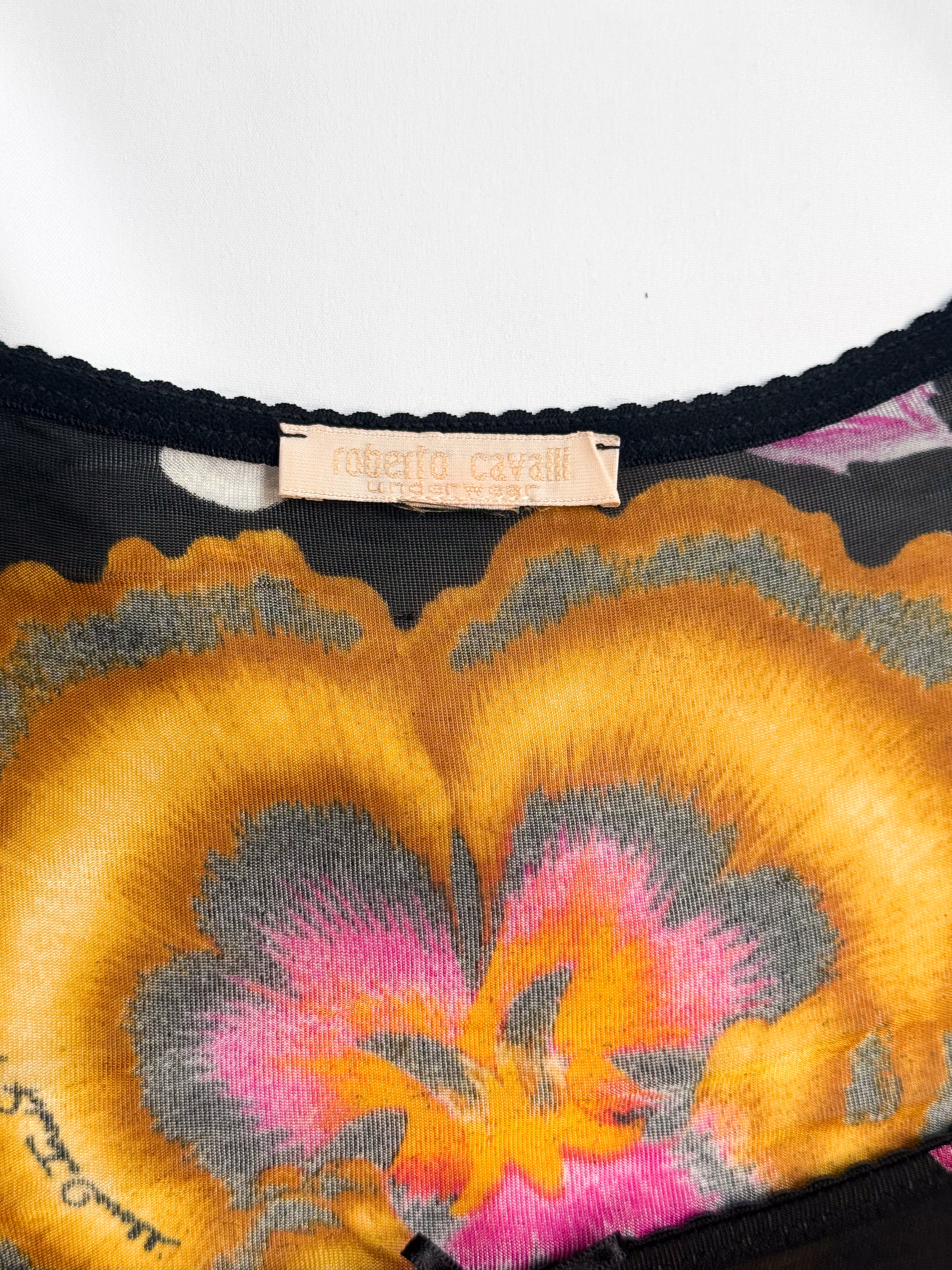 Roberto Cavalli Underwear 2000s Black Botanical Floral Mesh Top - S/M