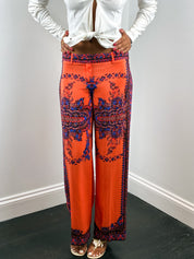 Atos Lombardini 2000s Coral Paisley Print Silk Wide Leg Pants - W28