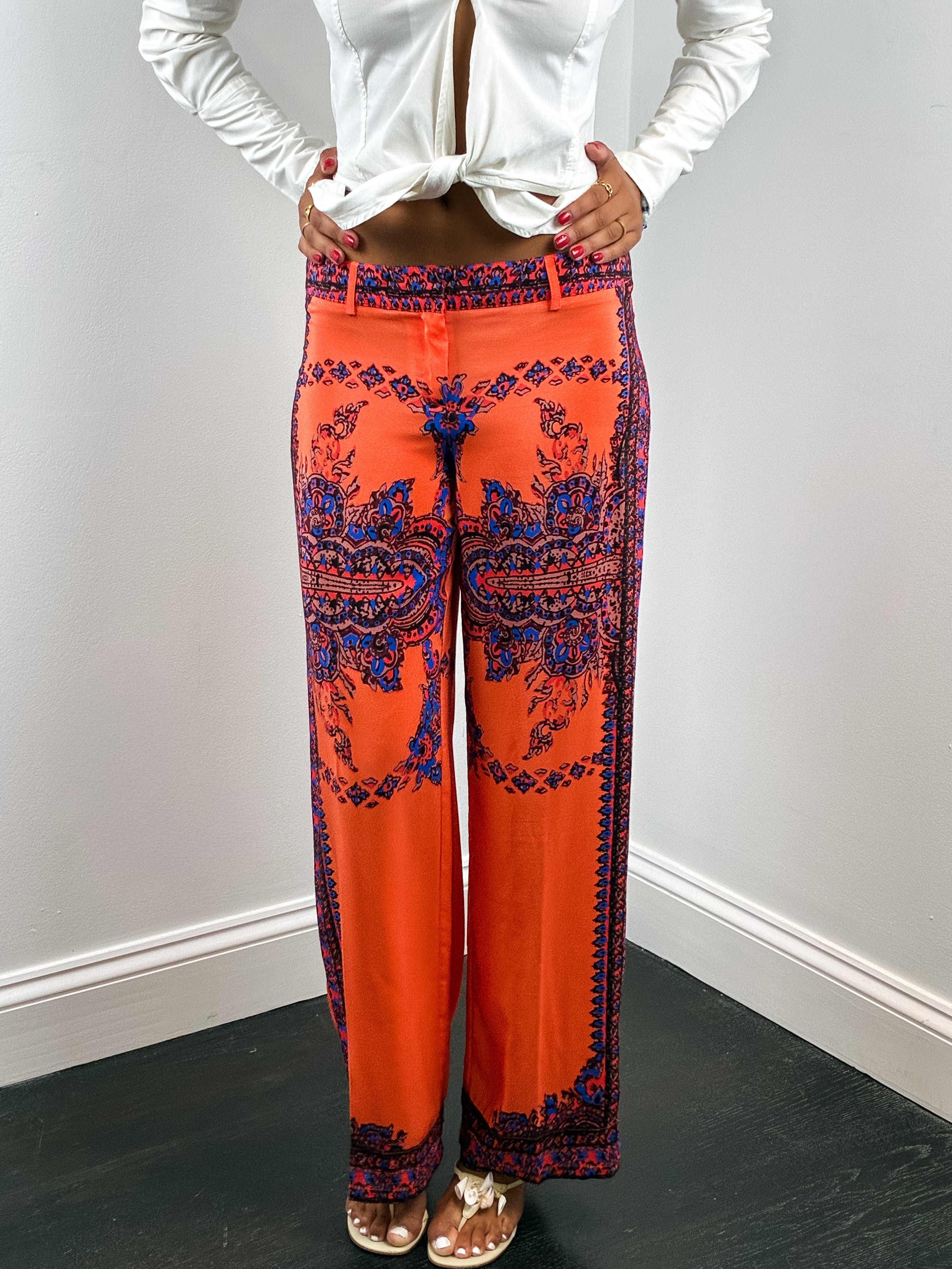 Atos Lombardini 2000s Coral Paisley Print Silk Wide Leg Pants - W28