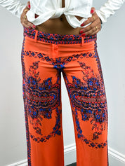 Atos Lombardini 2000s Coral Paisley Print Silk Wide Leg Pants - W28