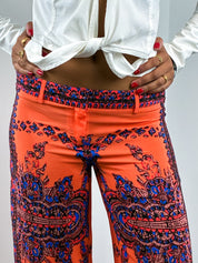 Atos Lombardini 2000s Coral Paisley Print Silk Wide Leg Pants - W28