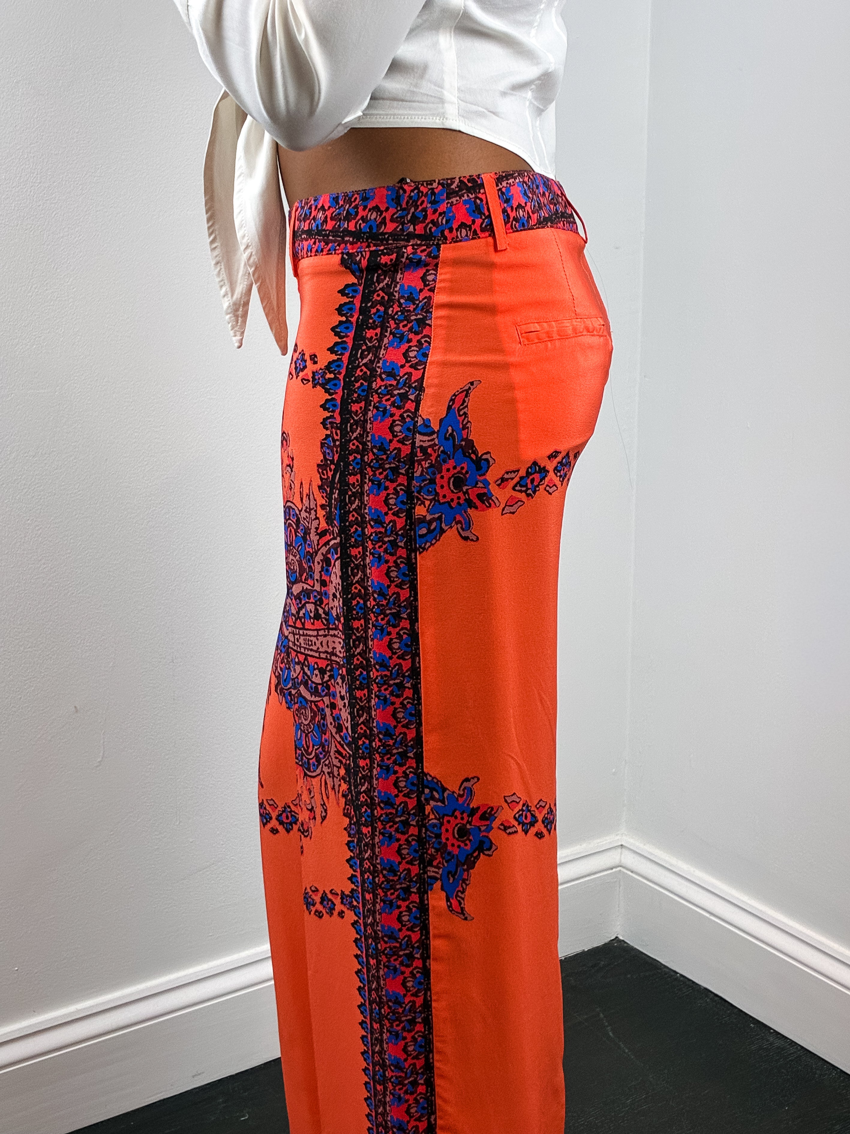 Atos Lombardini 2000s Coral Paisley Print Silk Wide Leg Pants - W28