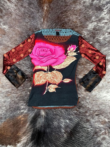Custo Barcelona 2000s Velvet & Crochet Rose Top
