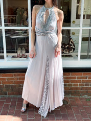 Lia Rabello 2000s Silver Grey Pearl Beaded Lace Halter Maxi Gown - S/M